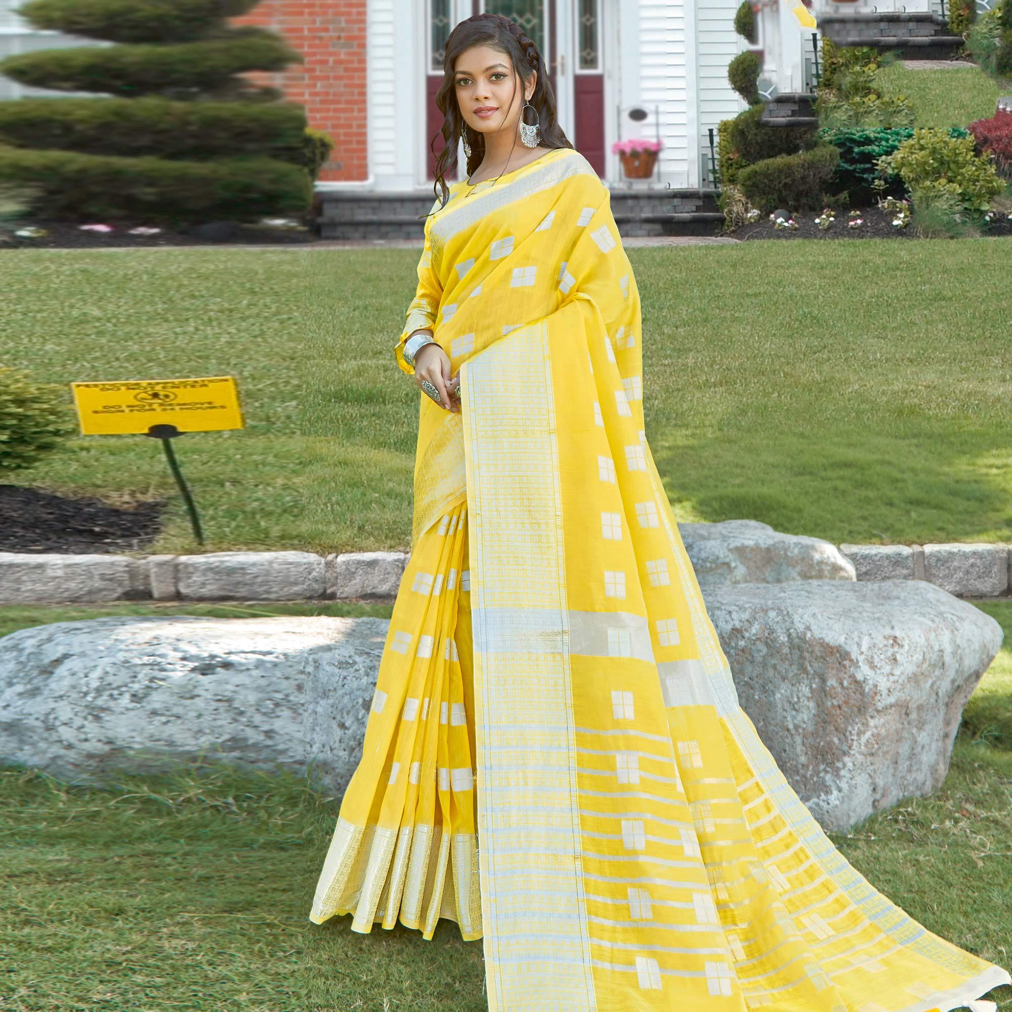 Imposing Yellow Colored Festive Wear Woven Linen Cotton Sareee - Peachmode