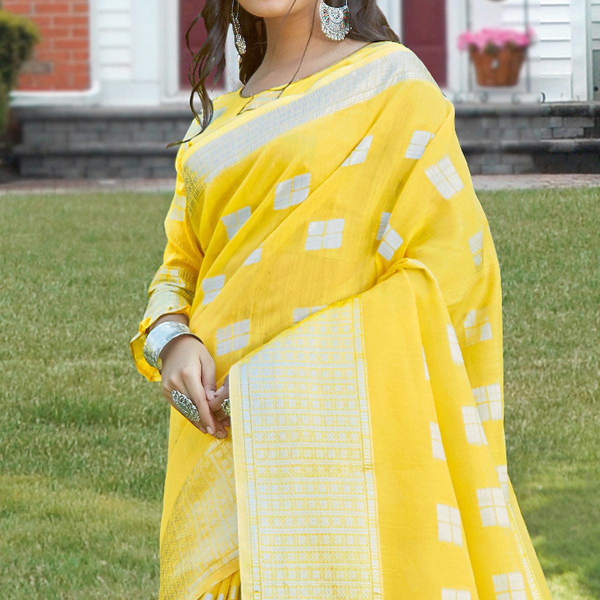 Imposing Yellow Colored Festive Wear Woven Linen Cotton Sareee - Peachmode