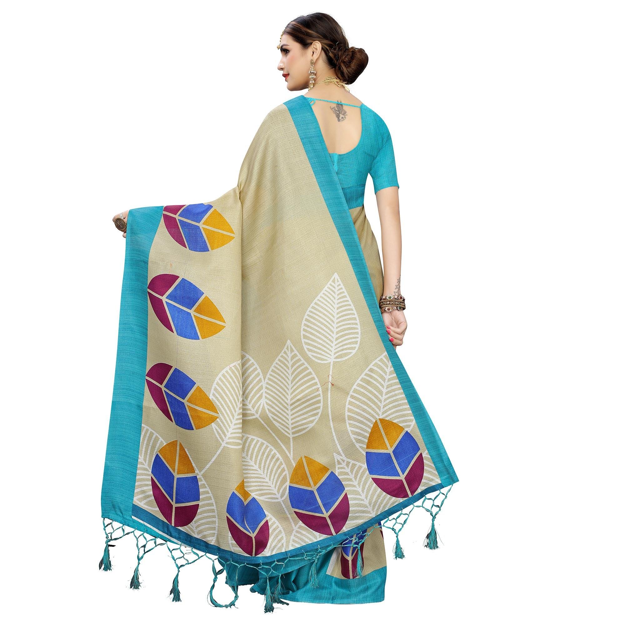 Impressive Beige-Blue Colored Festive Wear Leaf Printed Art Silk Saree With Tassel - Peachmode