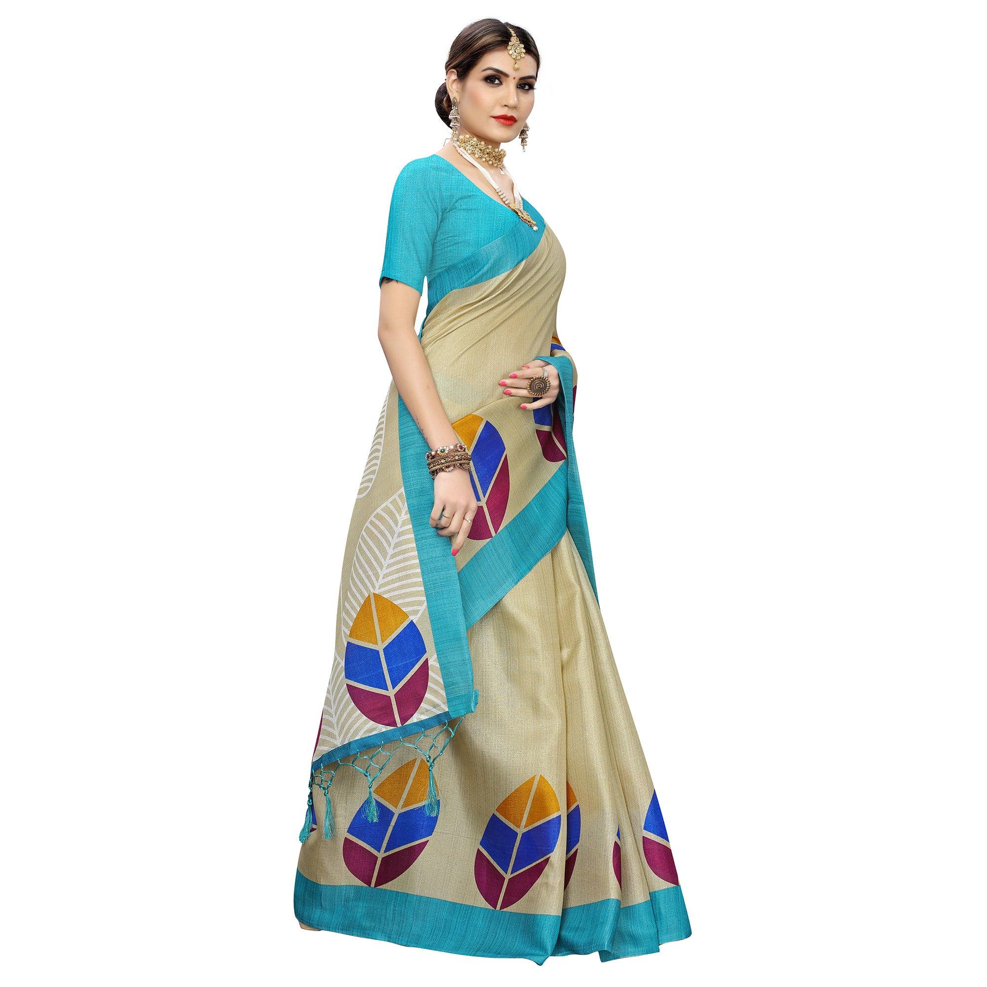 Impressive Beige-Blue Colored Festive Wear Leaf Printed Art Silk Saree With Tassel - Peachmode