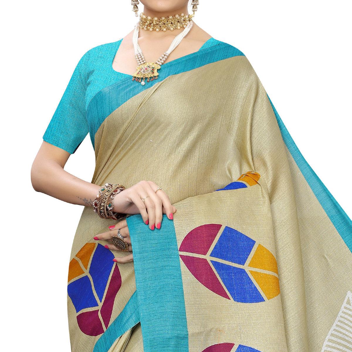 Impressive Beige-Blue Colored Festive Wear Leaf Printed Art Silk Saree With Tassel - Peachmode