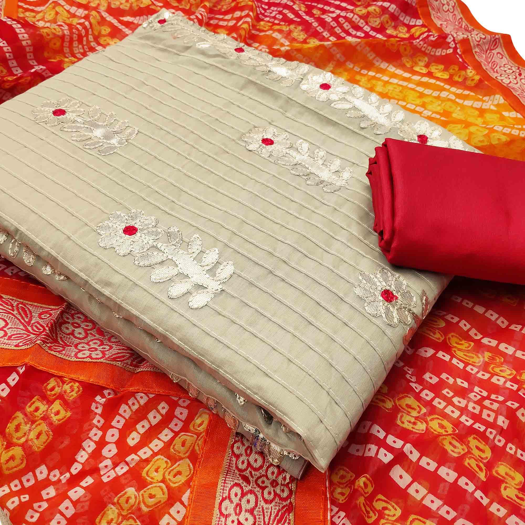 Impressive Beige Colored Casual Wear Embroidered Cotton Dress Material With Bandhani Dupatta - Peachmode