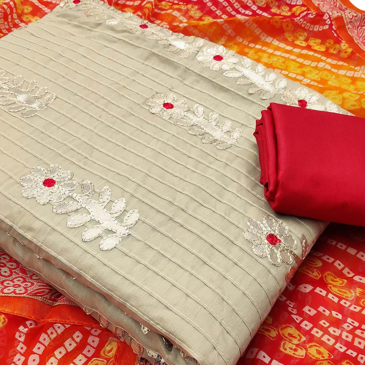 Impressive Beige Colored Casual Wear Embroidered Cotton Dress Material With Bandhani Dupatta - Peachmode