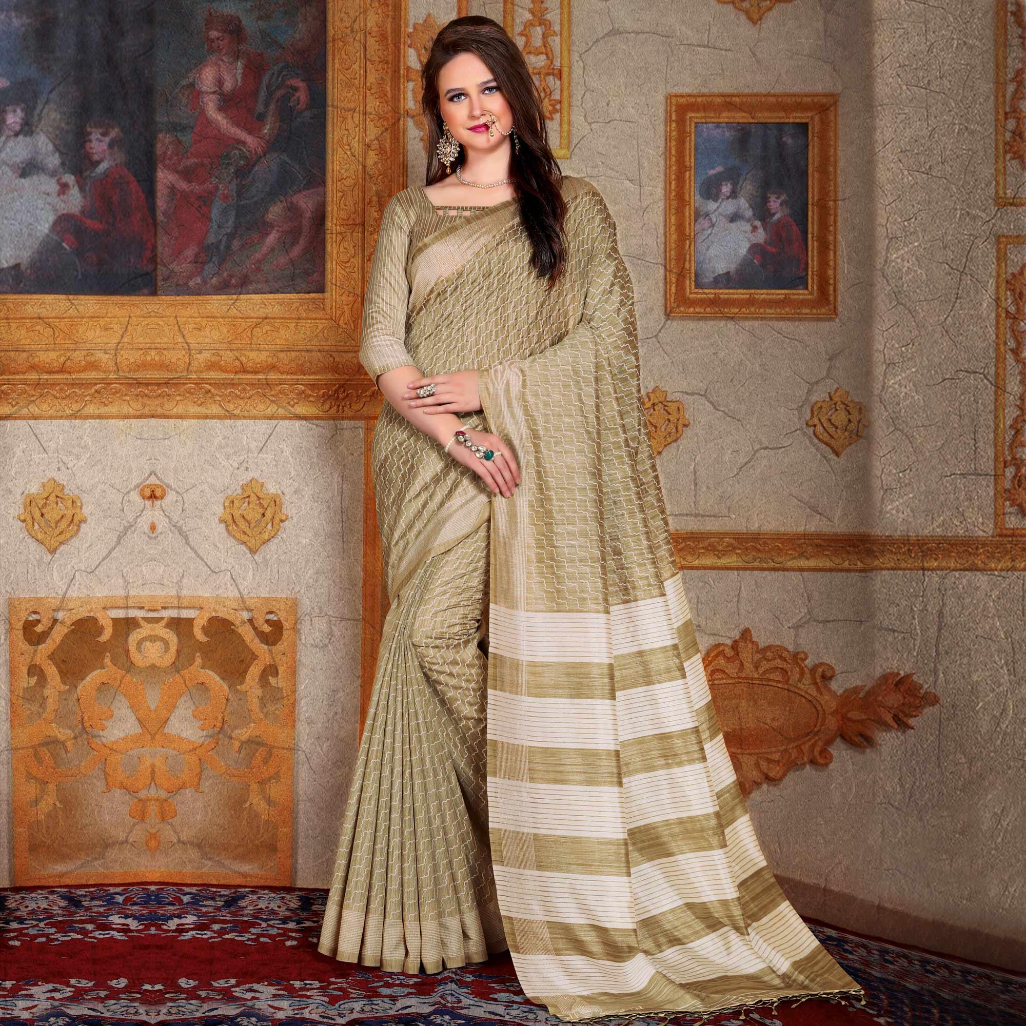 Impressive Beige Colored Festive Wear Printed Bhagalpuri Silk Saree - Peachmode