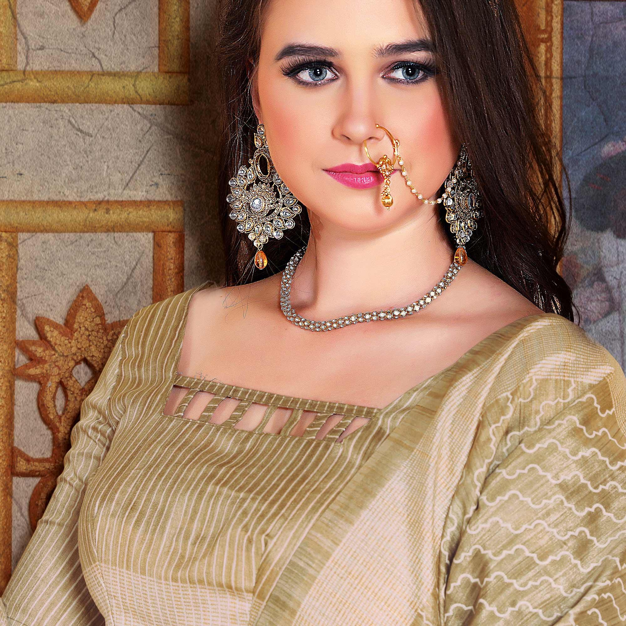 Impressive Beige Colored Festive Wear Printed Bhagalpuri Silk Saree - Peachmode