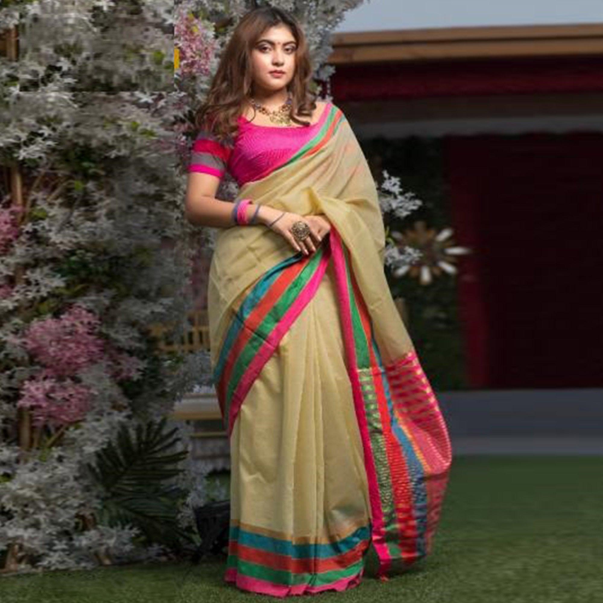Impressive Beige Colored Festive Wear Woven Cotton Saree - Peachmode