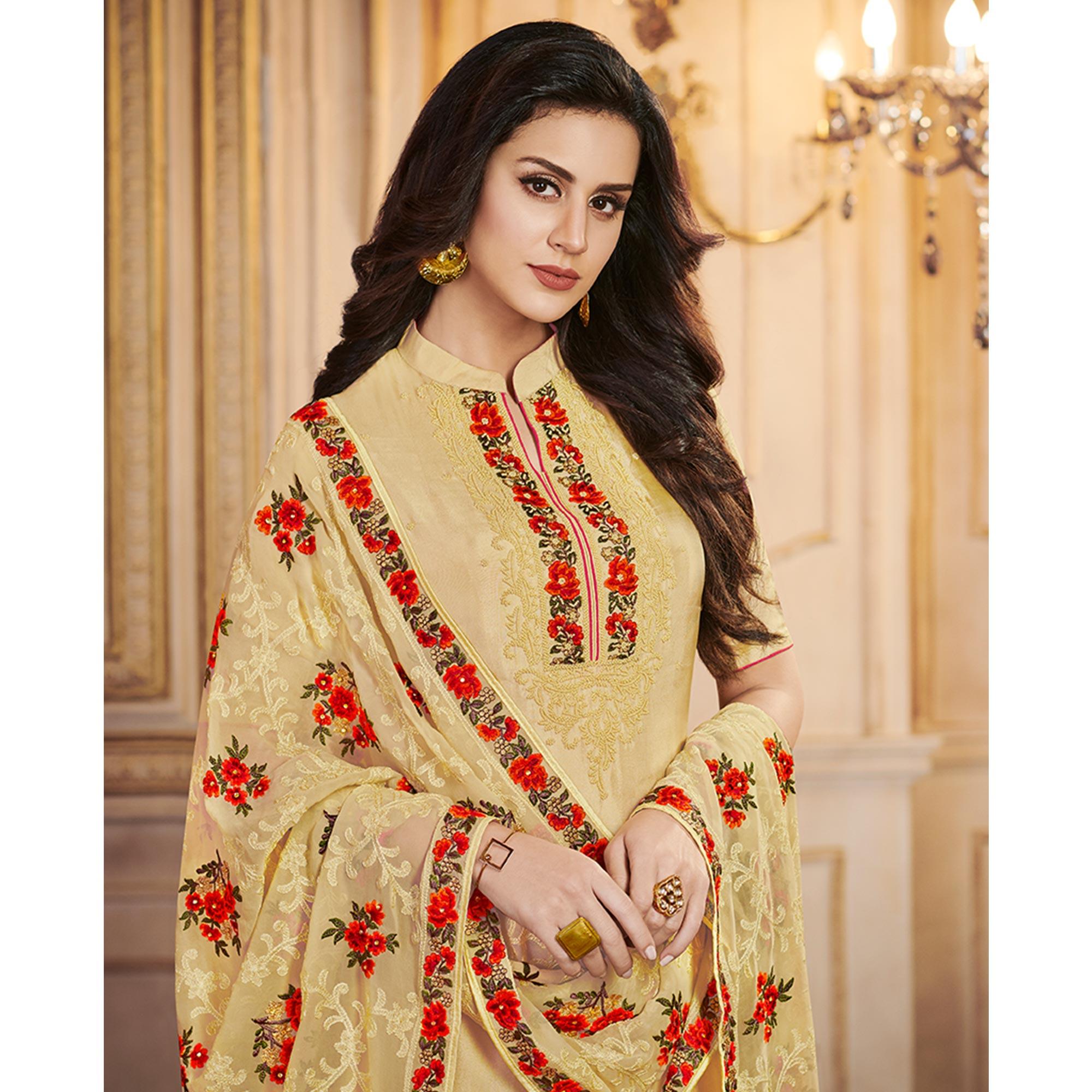Impressive Beige Colored Partywear Embroidered Uppada Silk Suit - Peachmode