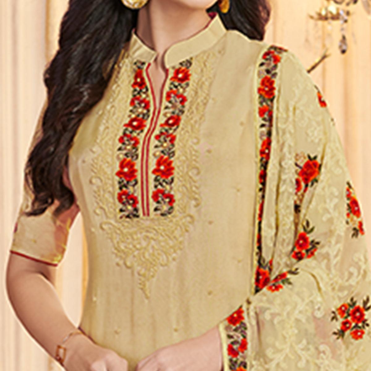 Impressive Beige Colored Partywear Embroidered Uppada Silk Suit - Peachmode