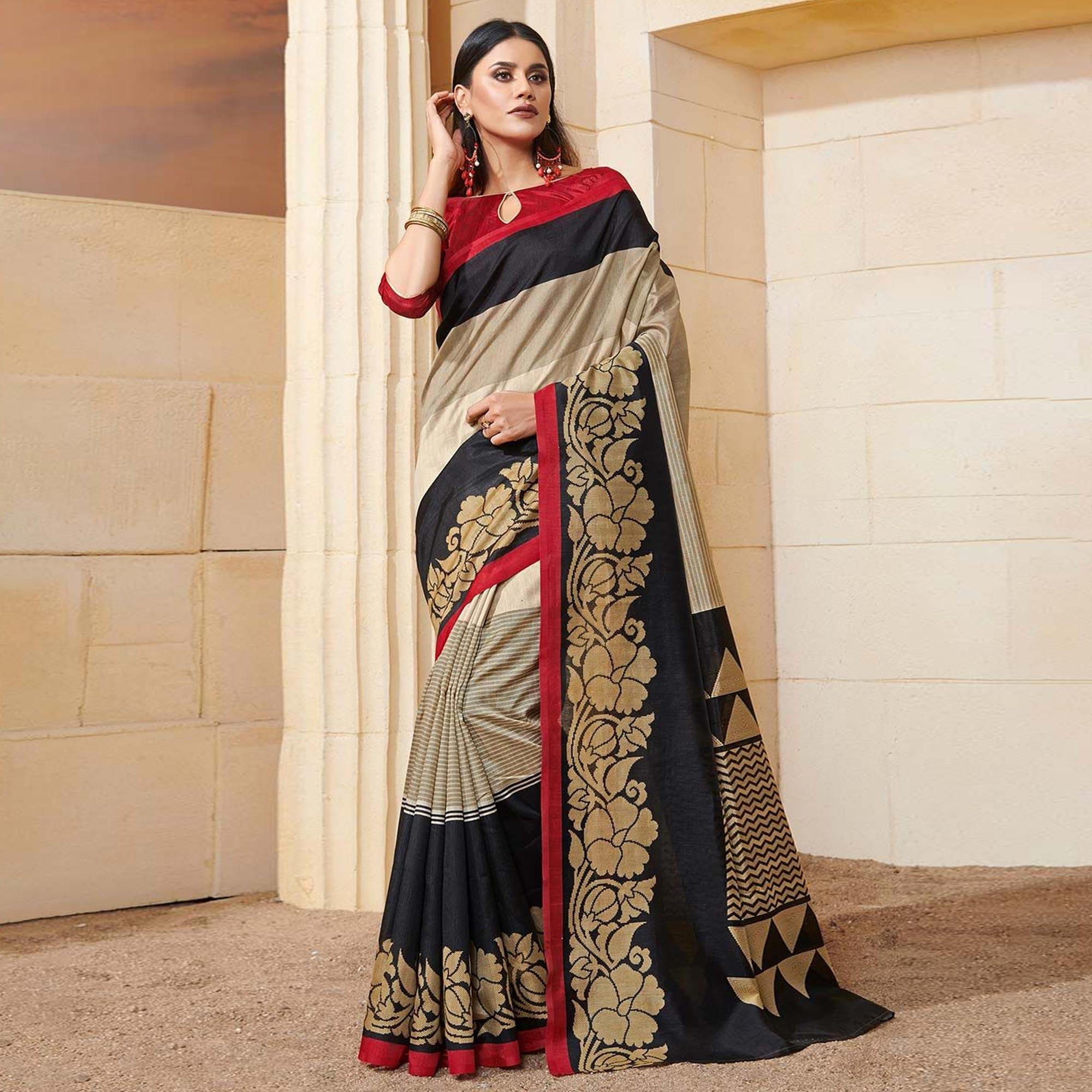 Impressive Black - Beige Colored Casual Wear Printed Bhagalpuri Silk Saree - Peachmode