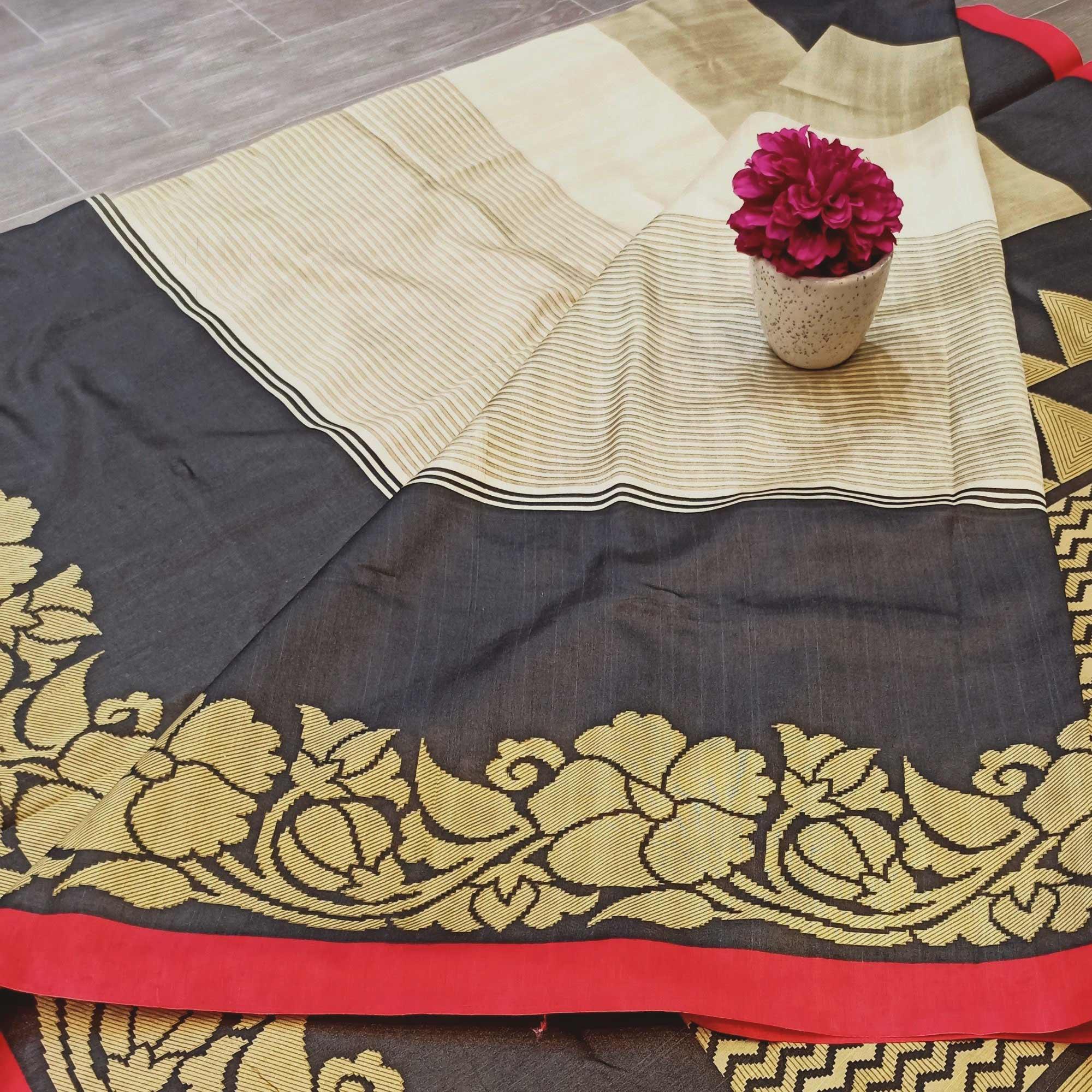 Impressive Black - Beige Colored Casual Wear Printed Bhagalpuri Silk Saree - Peachmode