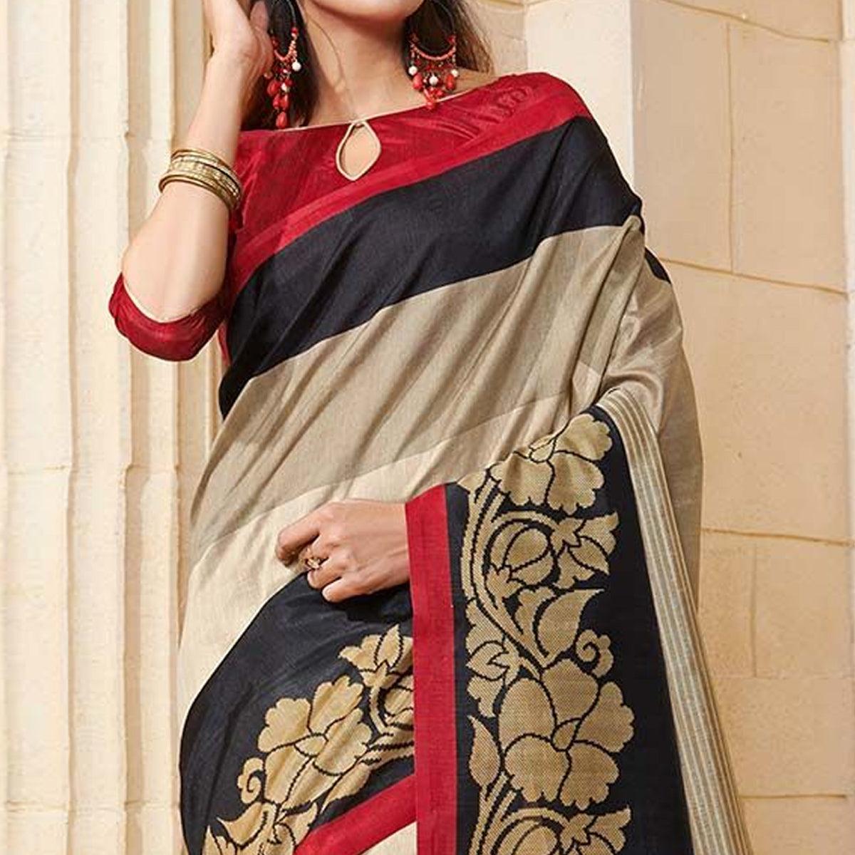 Impressive Black - Beige Colored Casual Wear Printed Bhagalpuri Silk Saree - Peachmode