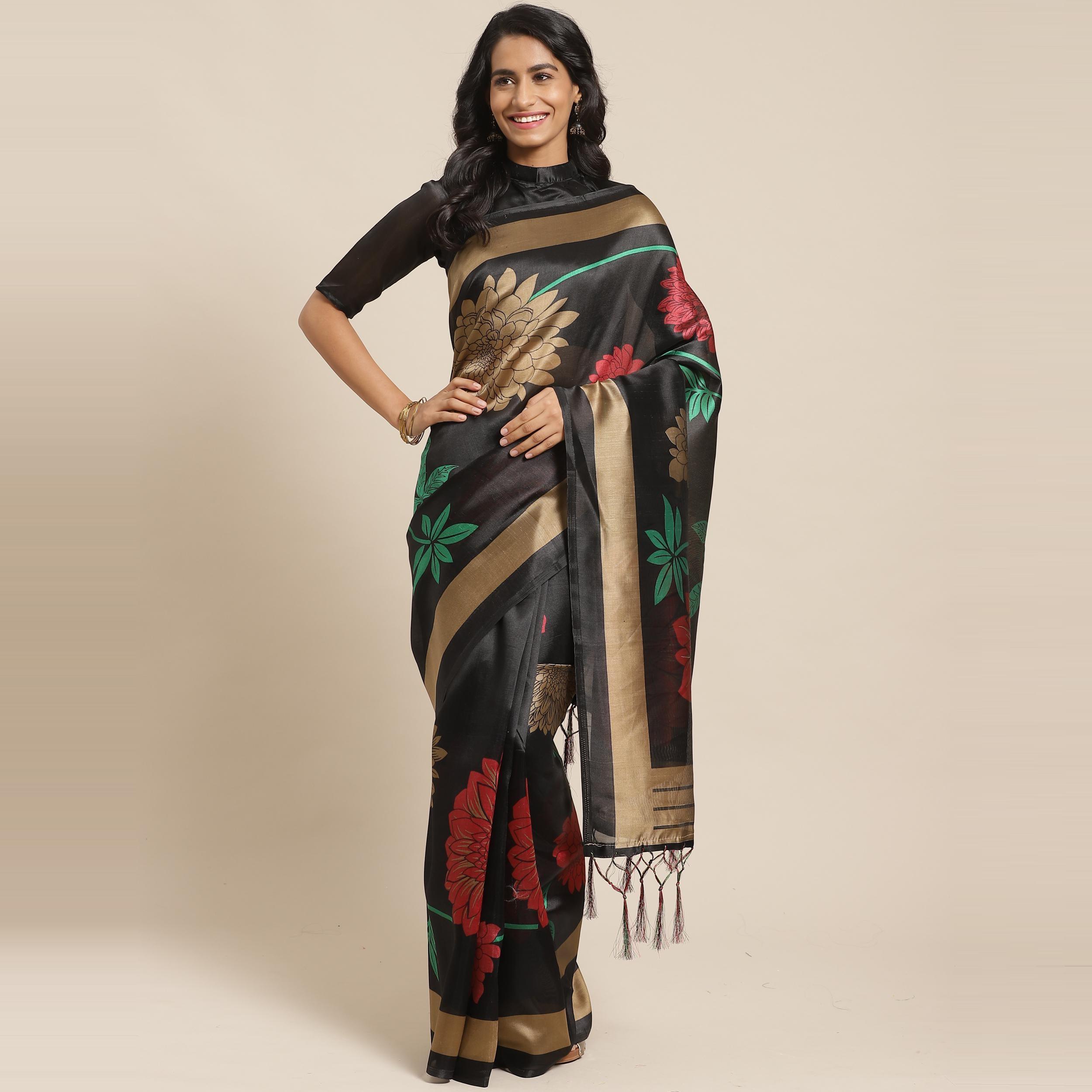 Impressive Black Colored Casual Wear Printed Art Silk Saree - Peachmode