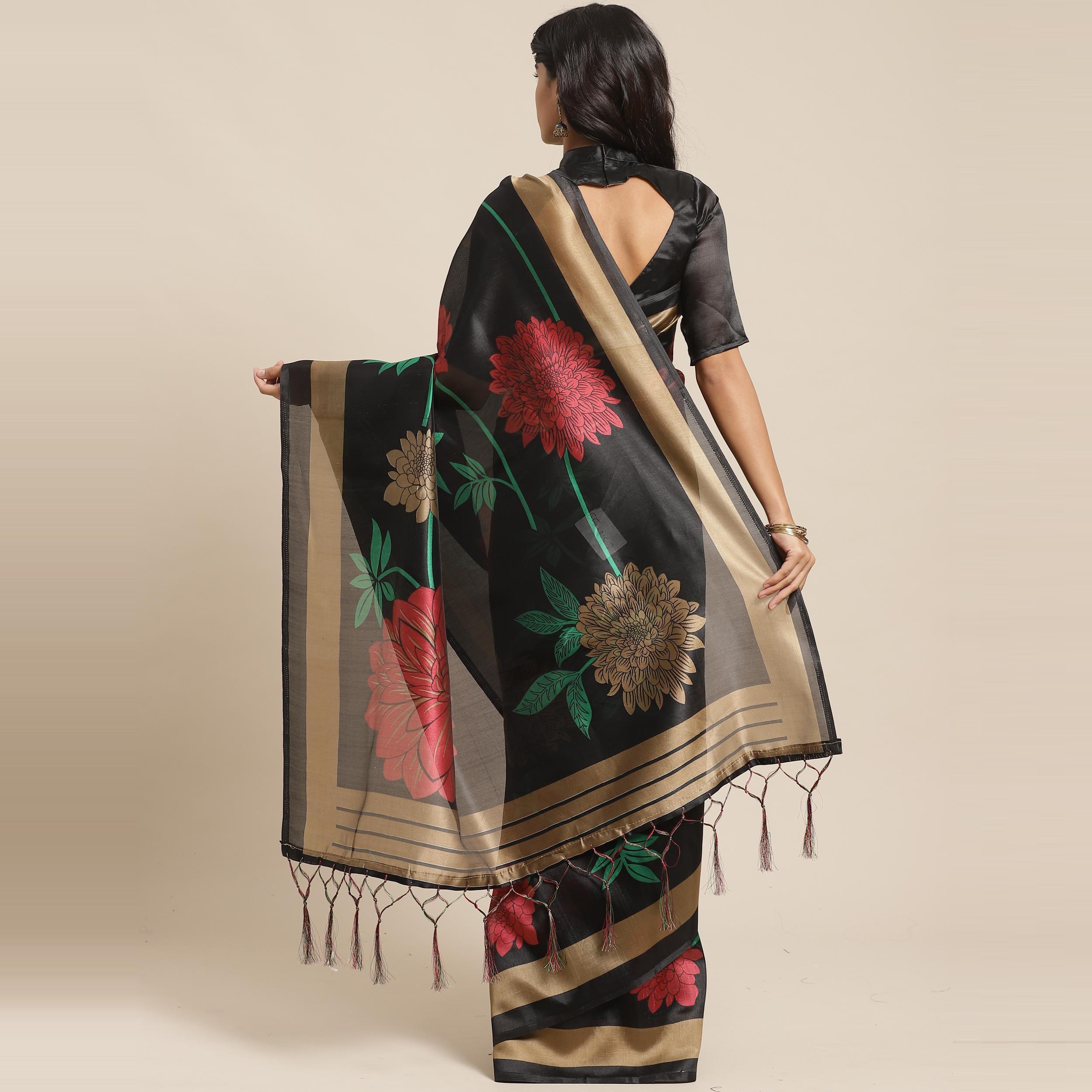 Impressive Black Colored Casual Wear Printed Art Silk Saree - Peachmode