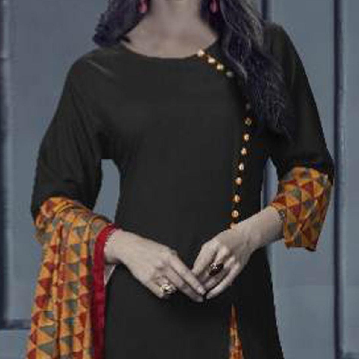 Impressive Black Colored Designer Printed Rayon Kurti With Dupatta - Peachmode