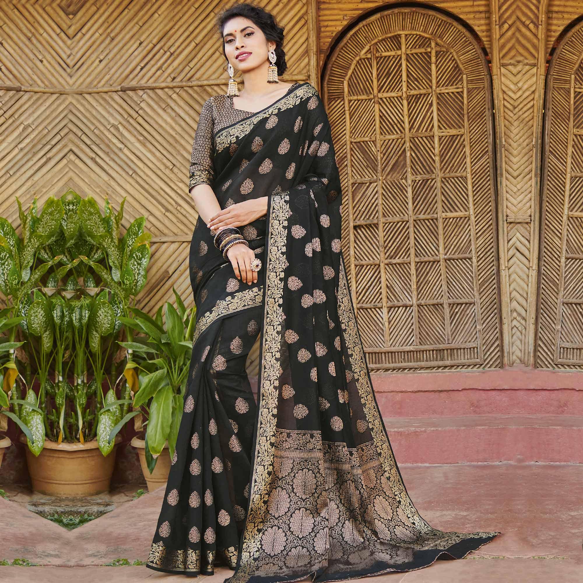 Impressive Black Colored Festive Wear woven Handloom Silk Saree - Peachmode
