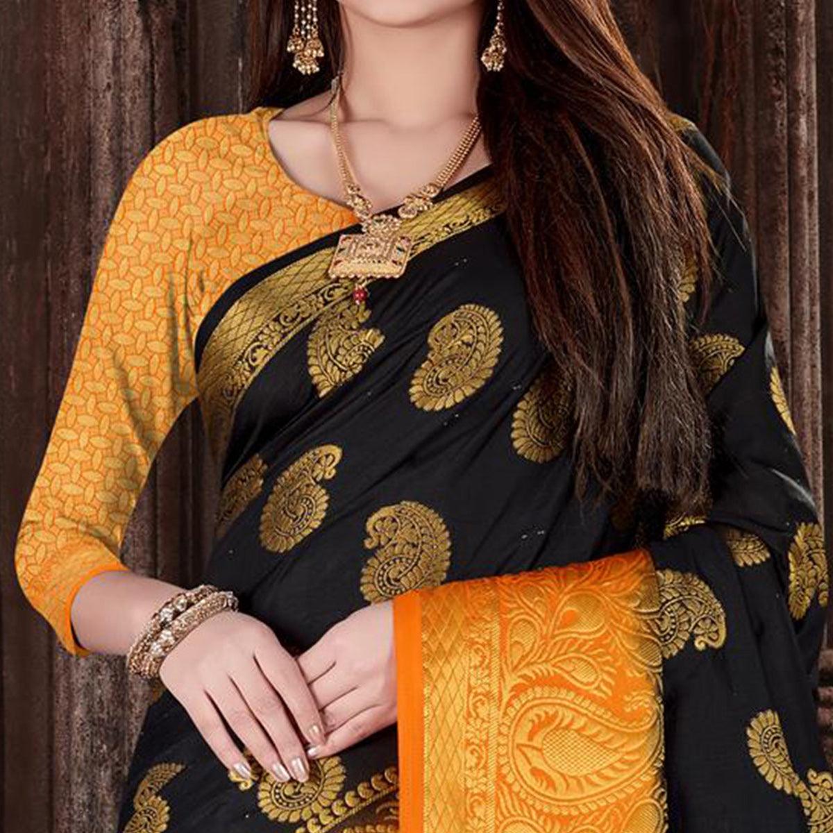Impressive Black Colored Festive Wear Woven Silk Saree - Peachmode