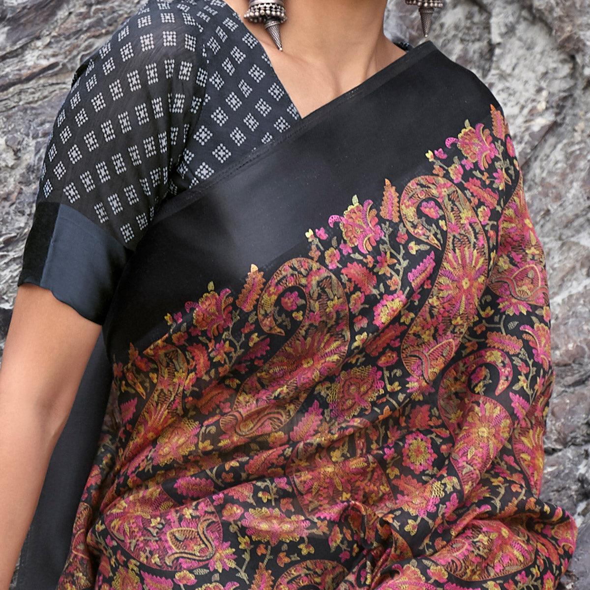 Impressive Black Coloured Casual Wear Printed Linen Saree - Peachmode