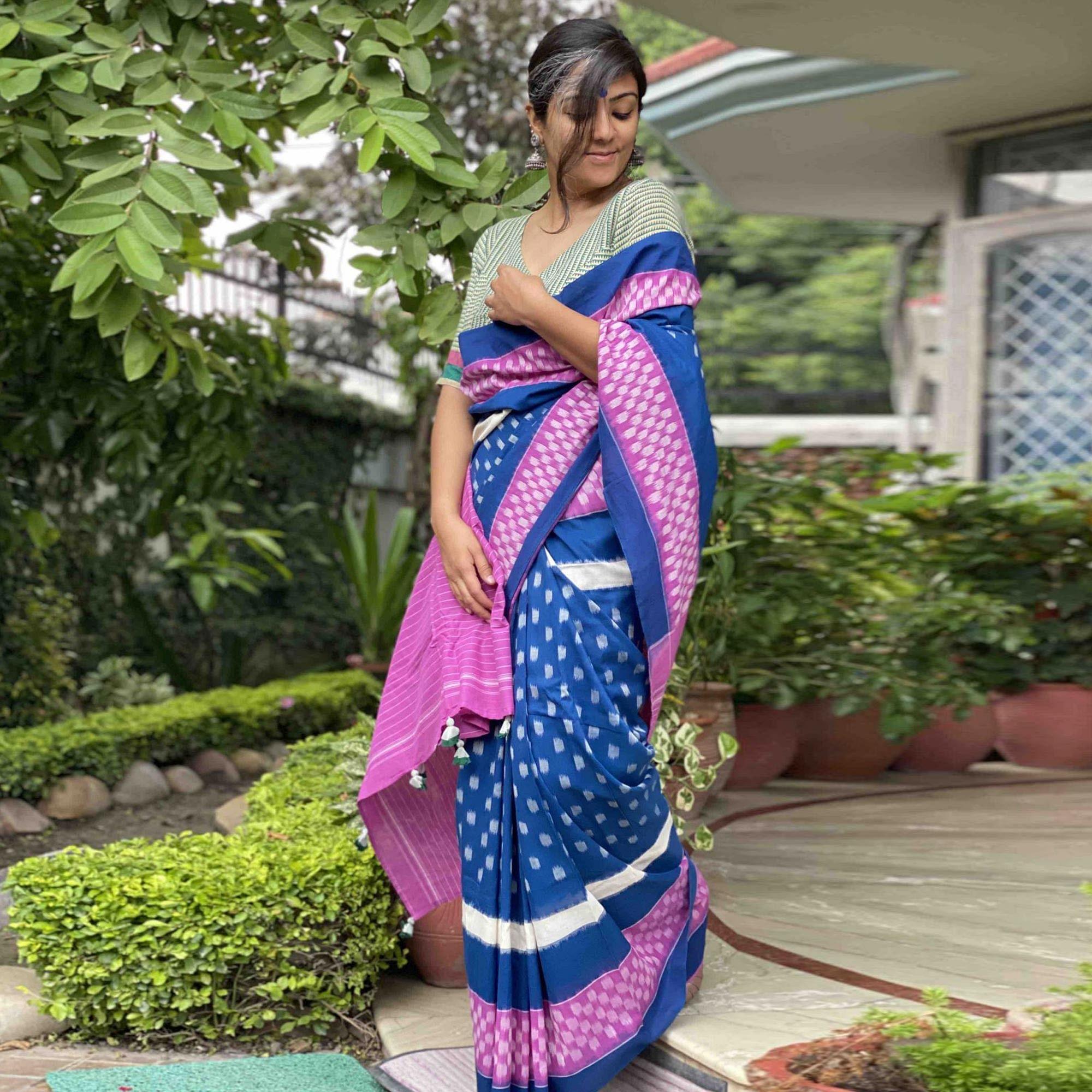 Impressive Blue Colored Casual Wear Printed Silk Saree - Peachmode