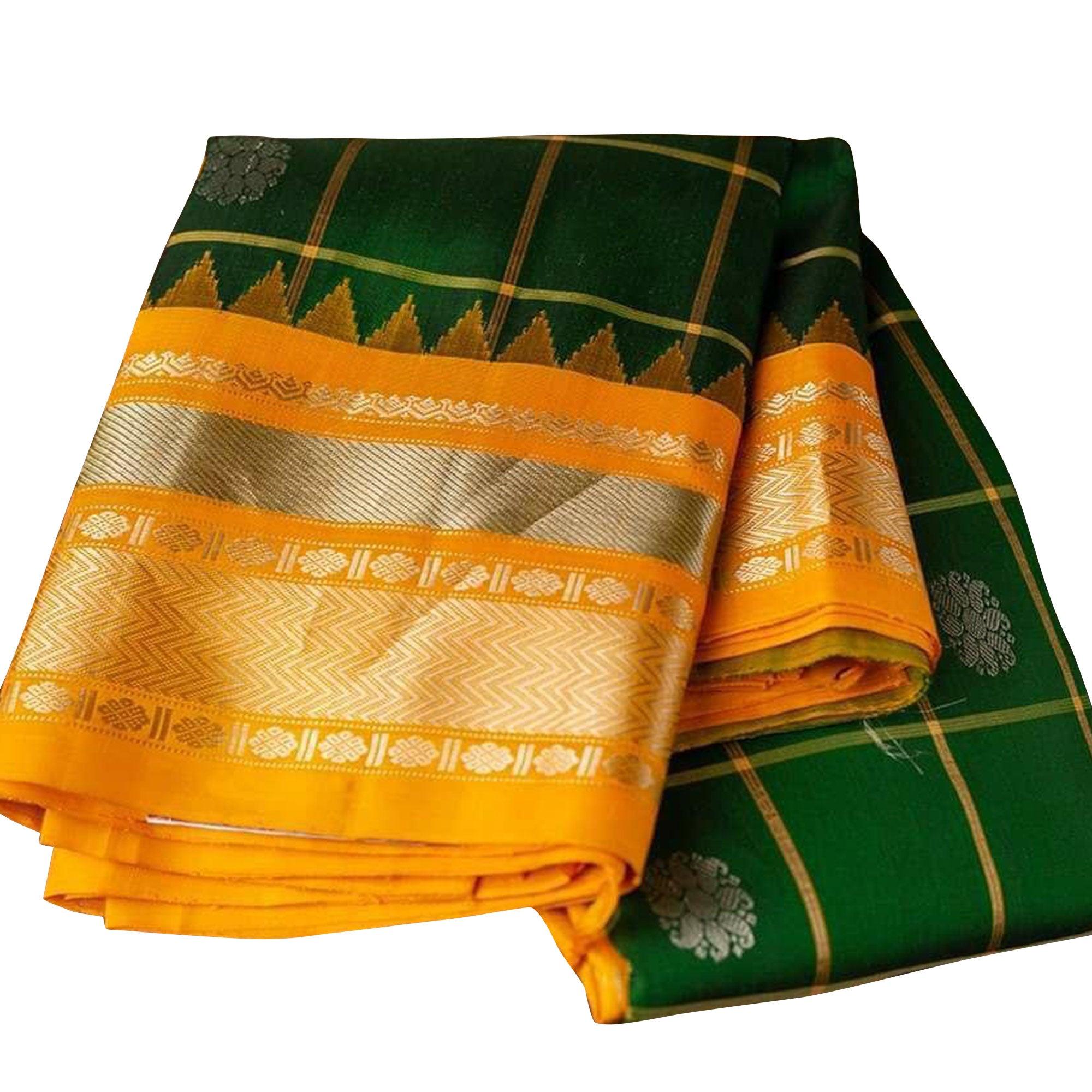 Impressive Bottle Green Colored Festive Wear Woven Nylon Lichi Silk Saree - Peachmode