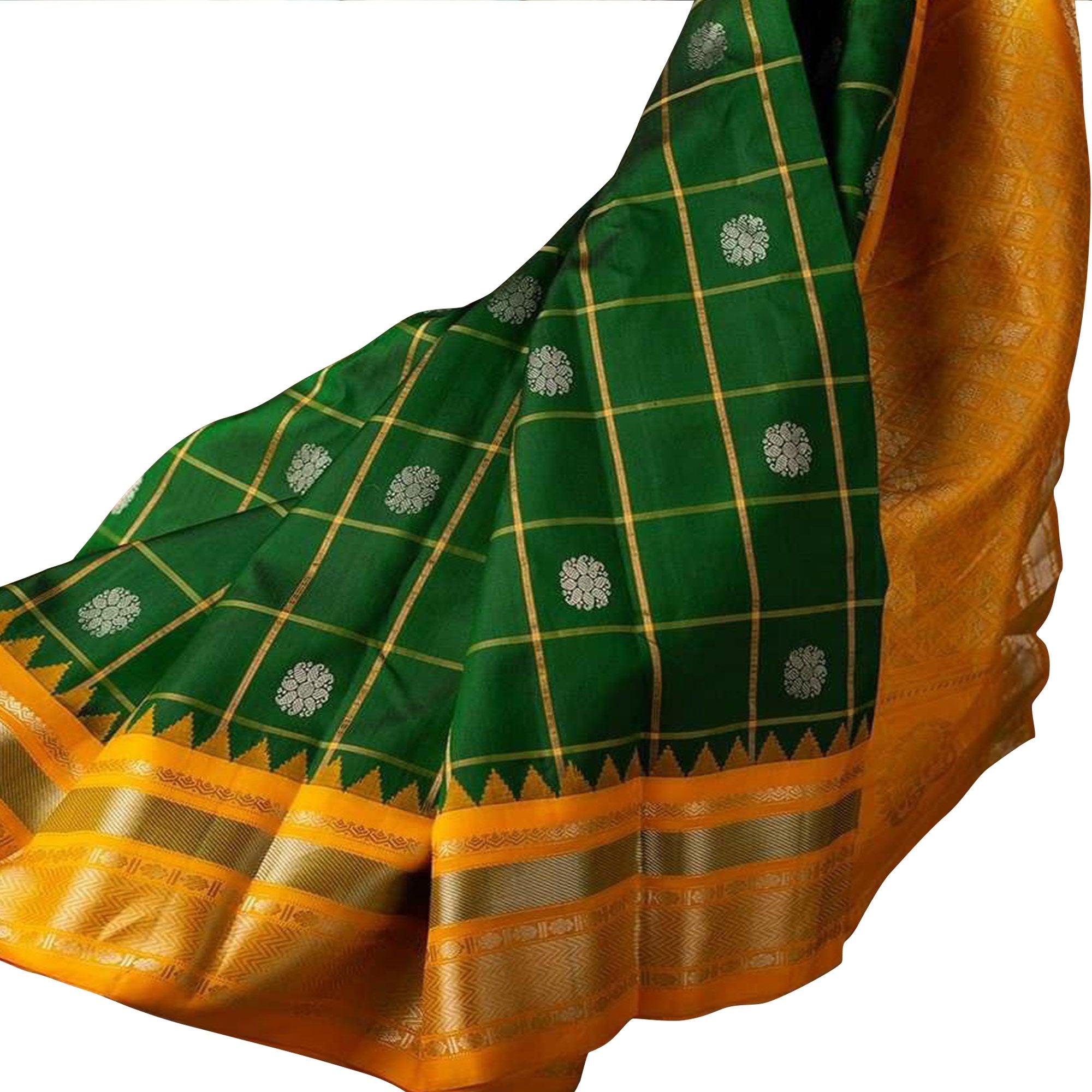 Impressive Bottle Green Colored Festive Wear Woven Nylon Lichi Silk Saree - Peachmode