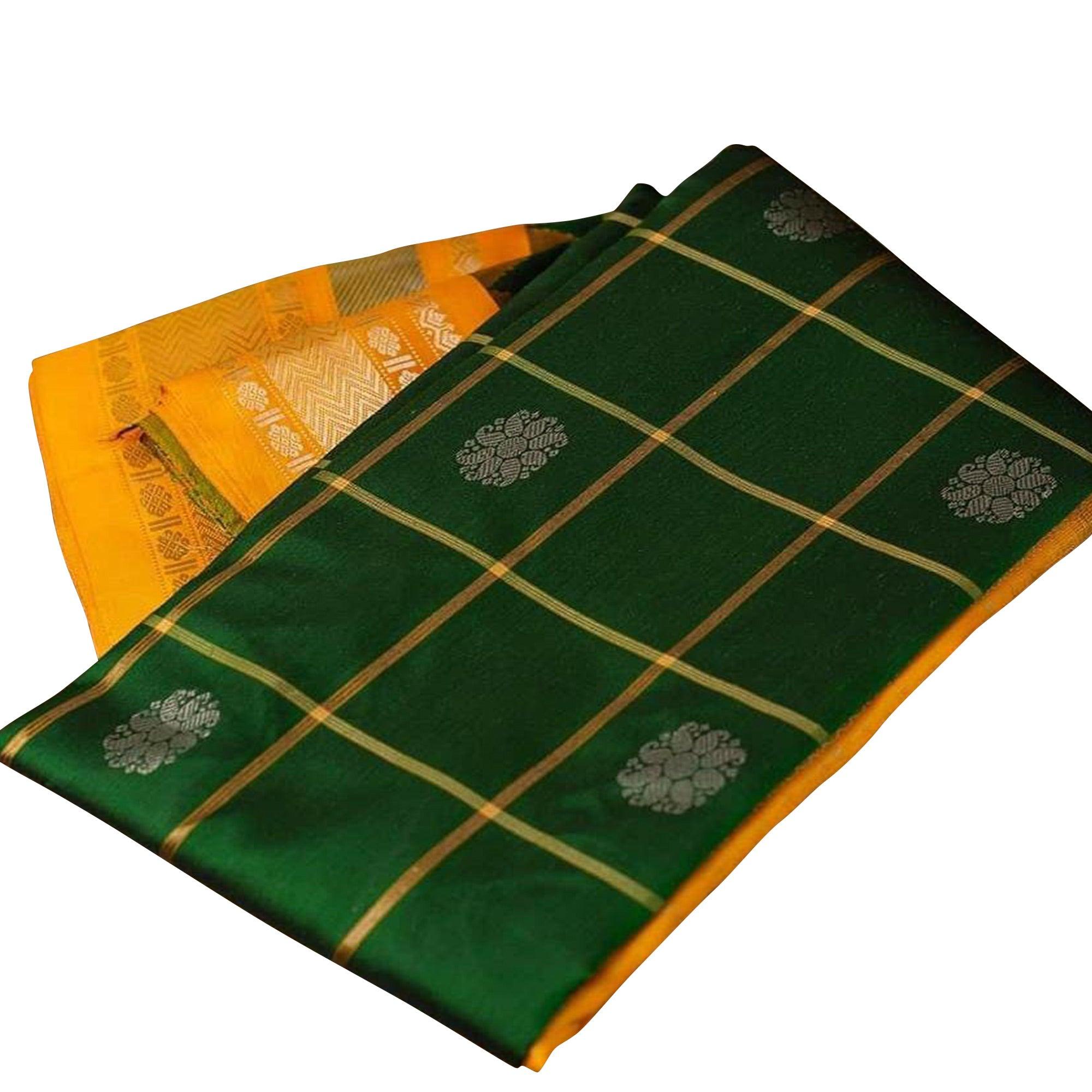 Impressive Bottle Green Colored Festive Wear Woven Nylon Lichi Silk Saree - Peachmode