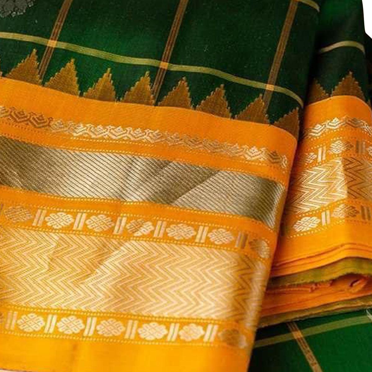 Impressive Bottle Green Colored Festive Wear Woven Nylon Lichi Silk Saree - Peachmode