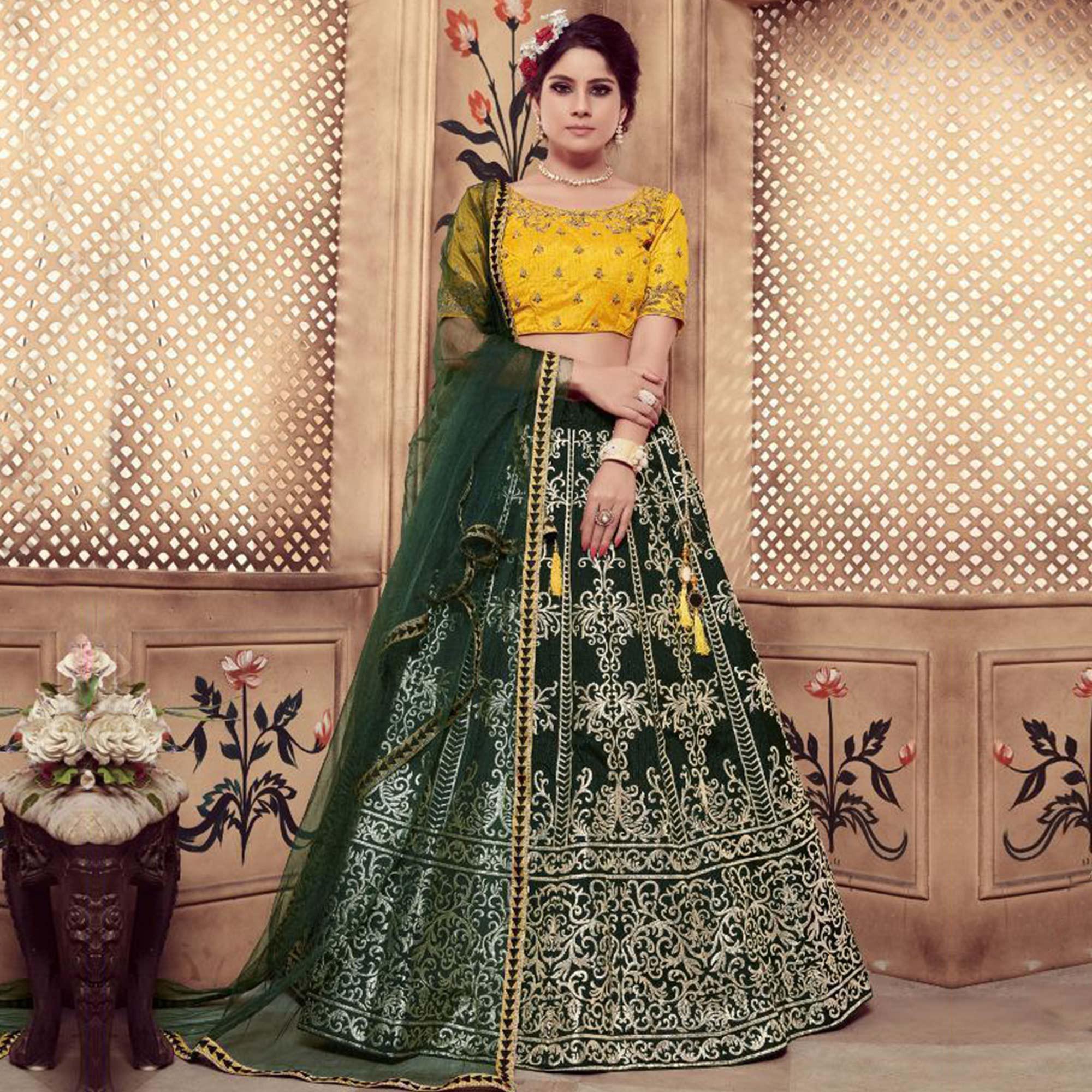 Impressive Dark Green Colored Party Wear Embroidered Silk Lehenga Choli - Peachmode