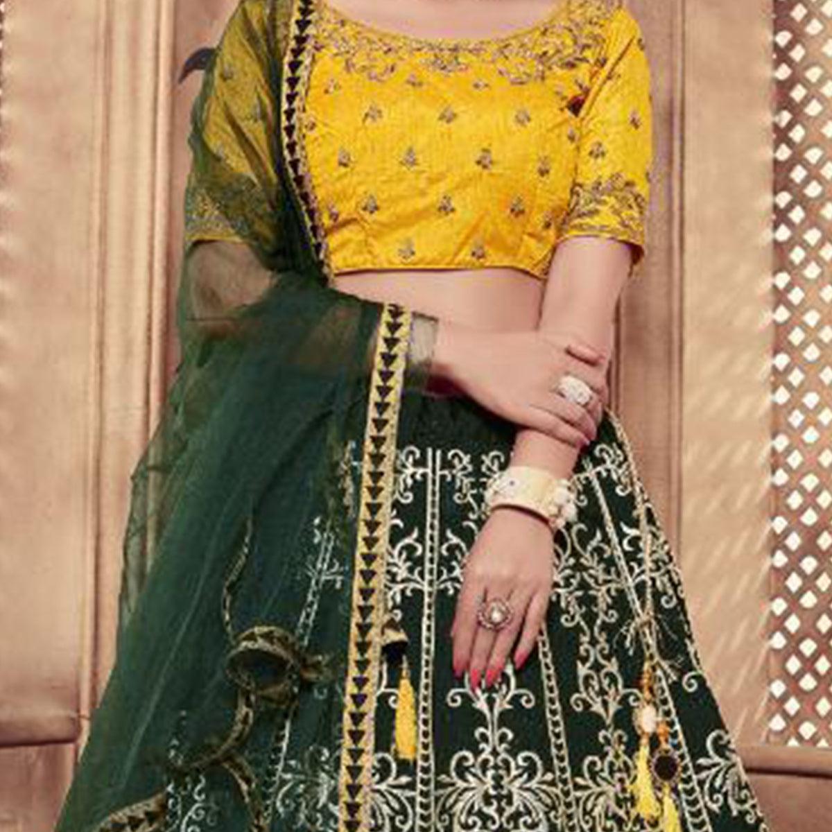 Impressive Dark Green Colored Party Wear Embroidered Silk Lehenga Choli - Peachmode