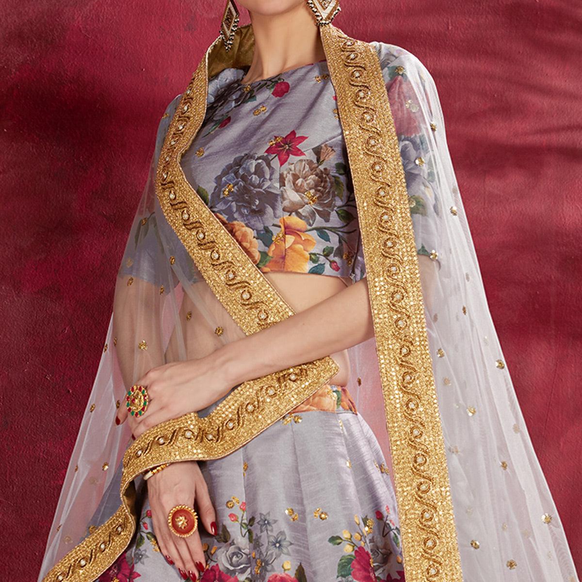 Impressive Gray Colored Partywear Designer Embroidered Art Silk Lehenga Choli - Peachmode