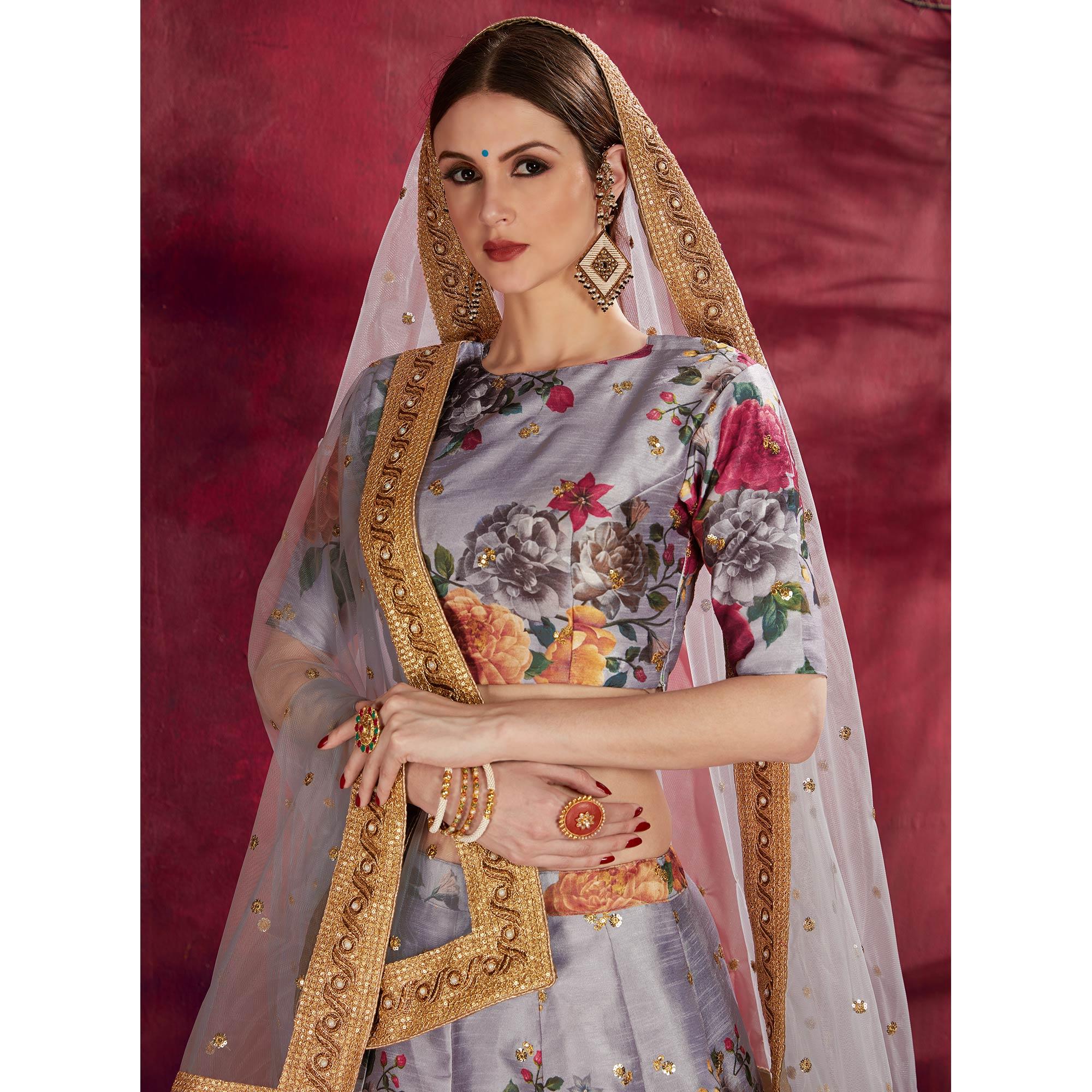 Impressive Gray Colored Partywear Designer Embroidered Art Silk Lehenga Choli - Peachmode