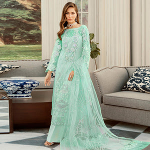 Impressive Green Cololred Partywear Embroidered Net Palazzo Suit - Peachmode