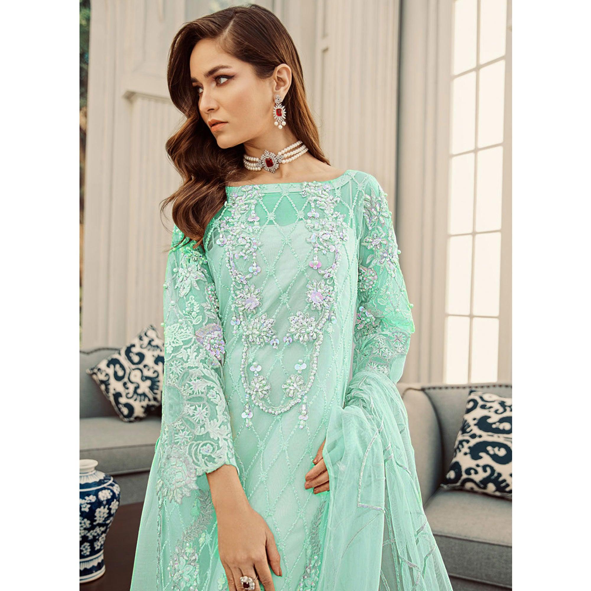 Impressive Green Cololred Partywear Embroidered Net Palazzo Suit - Peachmode
