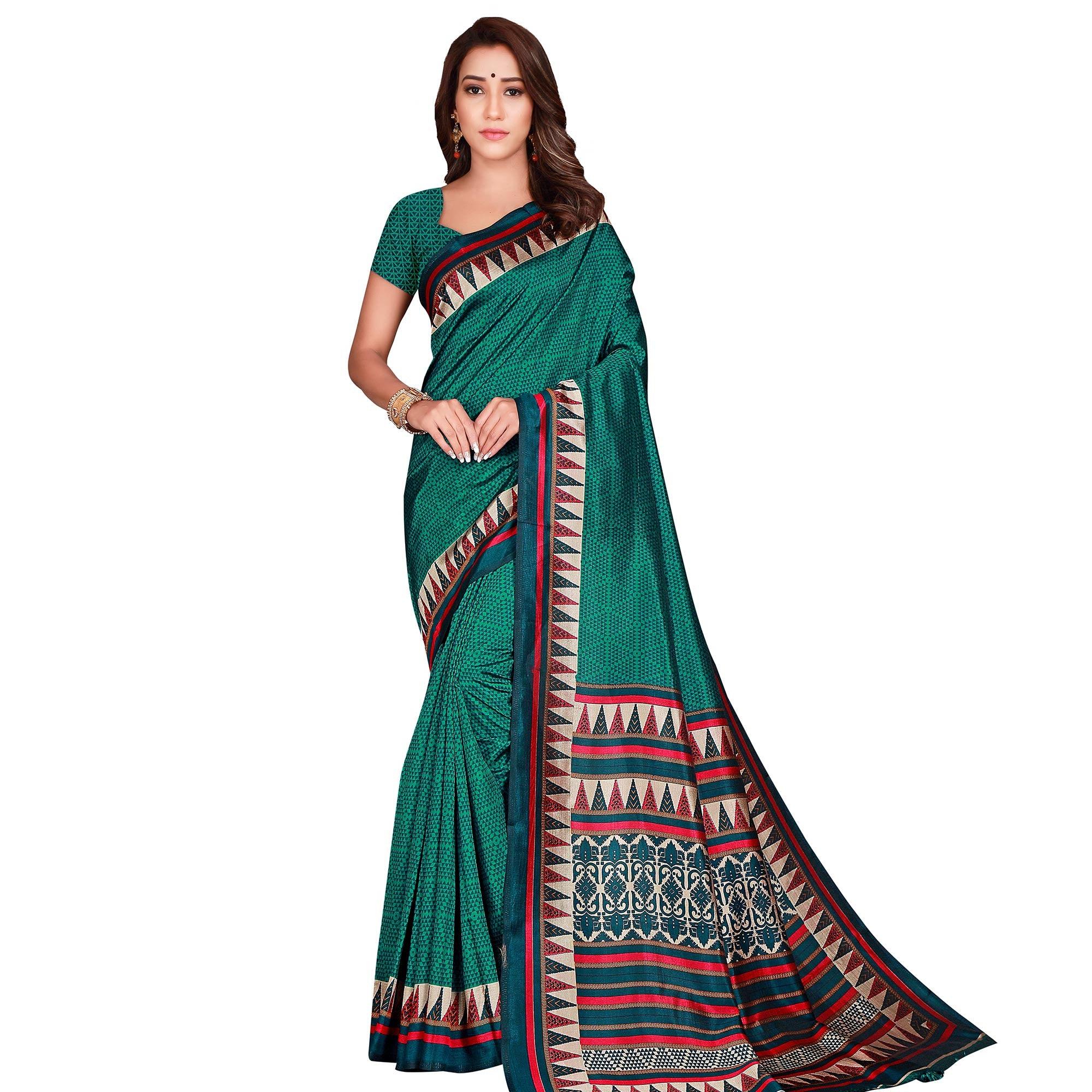 Impressive Green Colored Casual Wear Printed Art Silk Saree - Peachmode