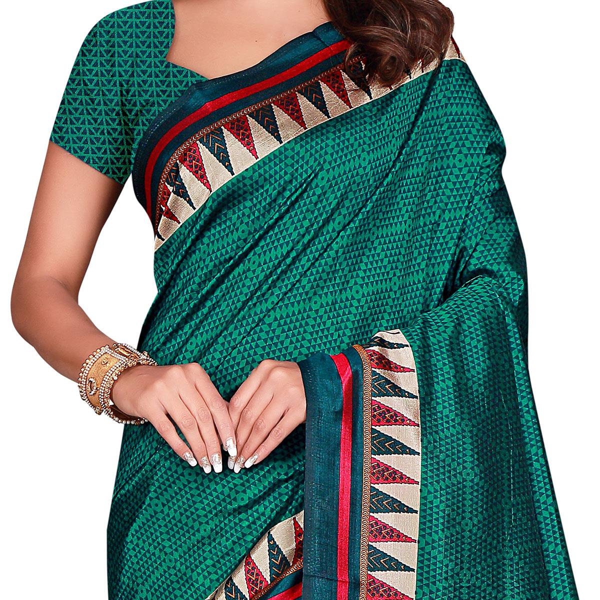 Impressive Green Colored Casual Wear Printed Art Silk Saree - Peachmode