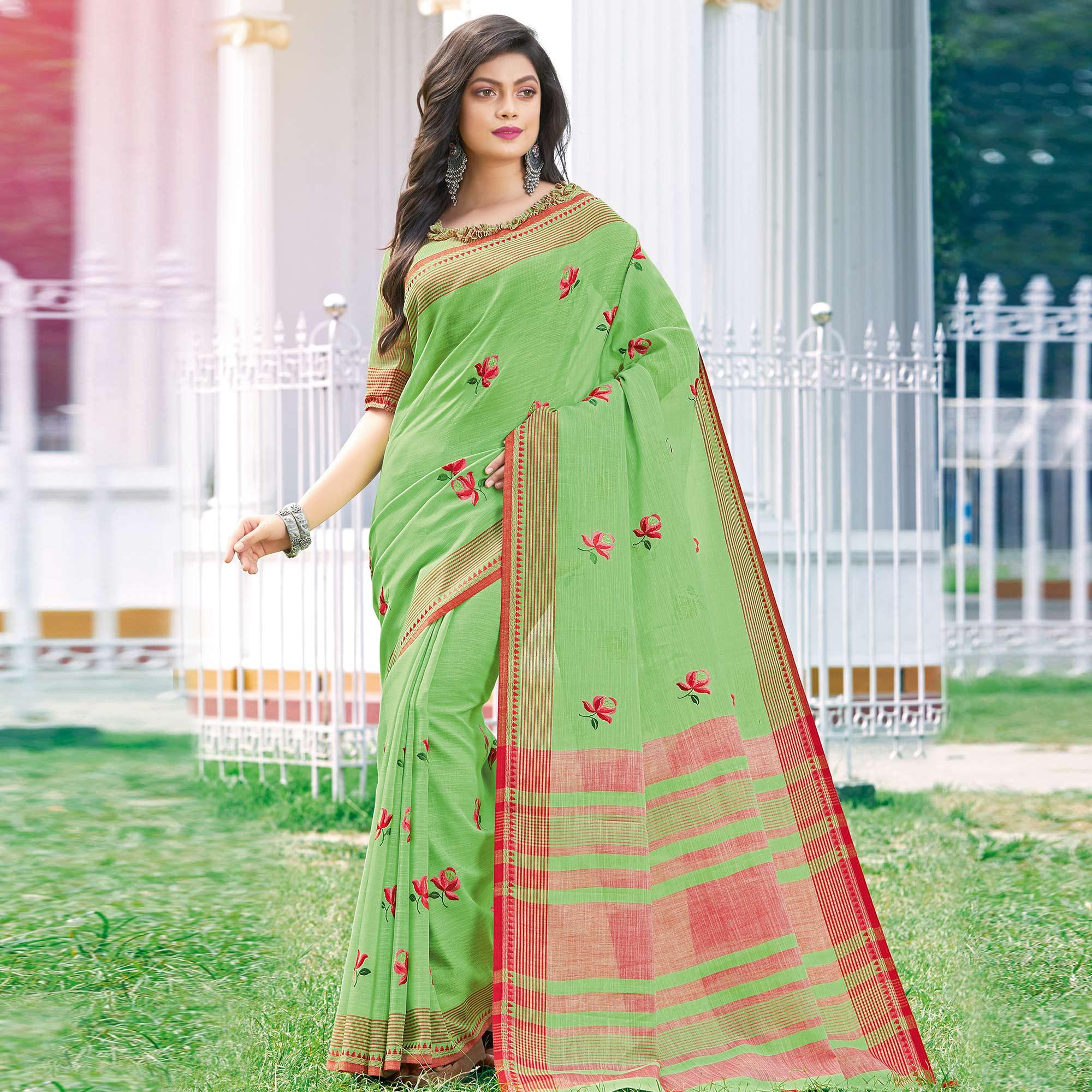Impressive Green Colored Casual Wear Printed Linen Cotton Saree - Peachmode