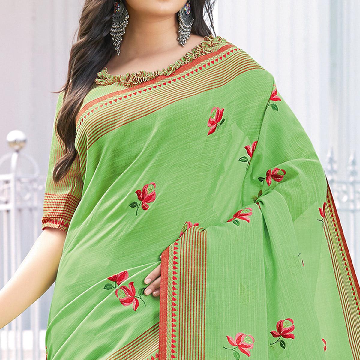 Impressive Green Colored Casual Wear Printed Linen Cotton Saree - Peachmode