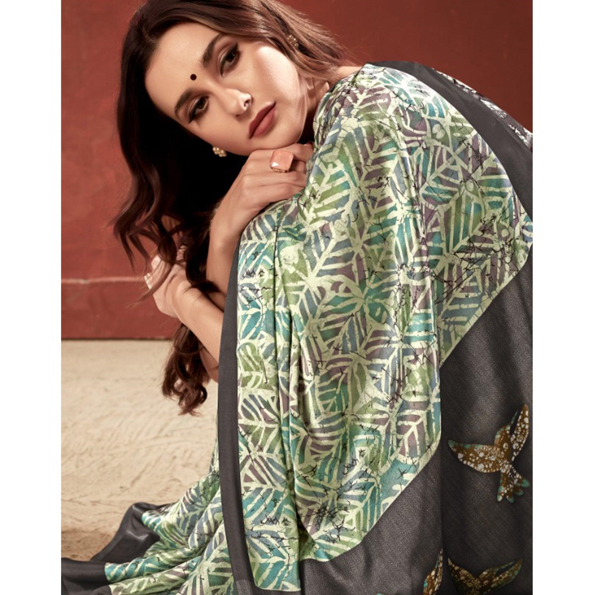 Impressive Green Colored Casual Wear Printed Satin Crepe Saree With Tassels - Peachmode