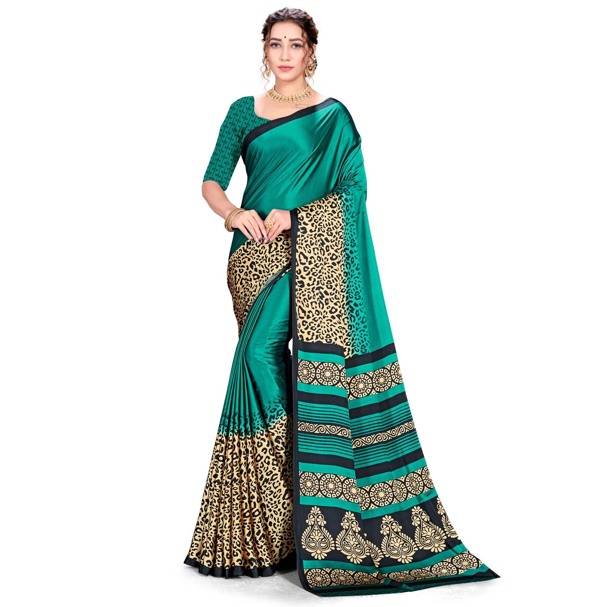 Impressive Green Colored Festive Wear Printed Satin Crepe Saree - Peachmode
