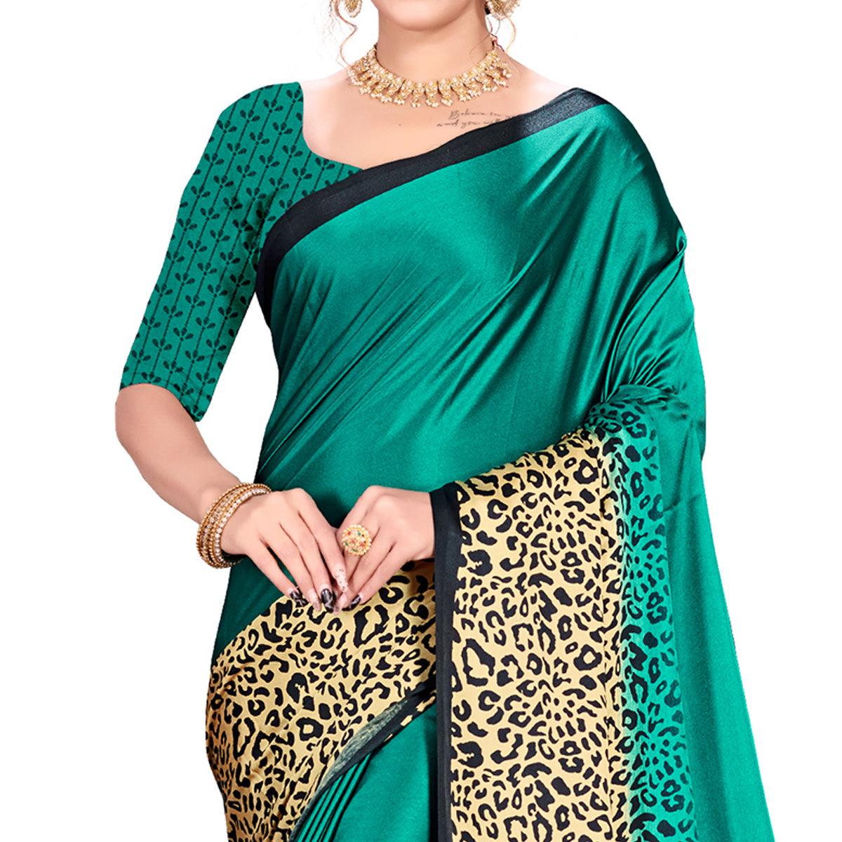 Impressive Green Colored Festive Wear Printed Satin Crepe Saree - Peachmode