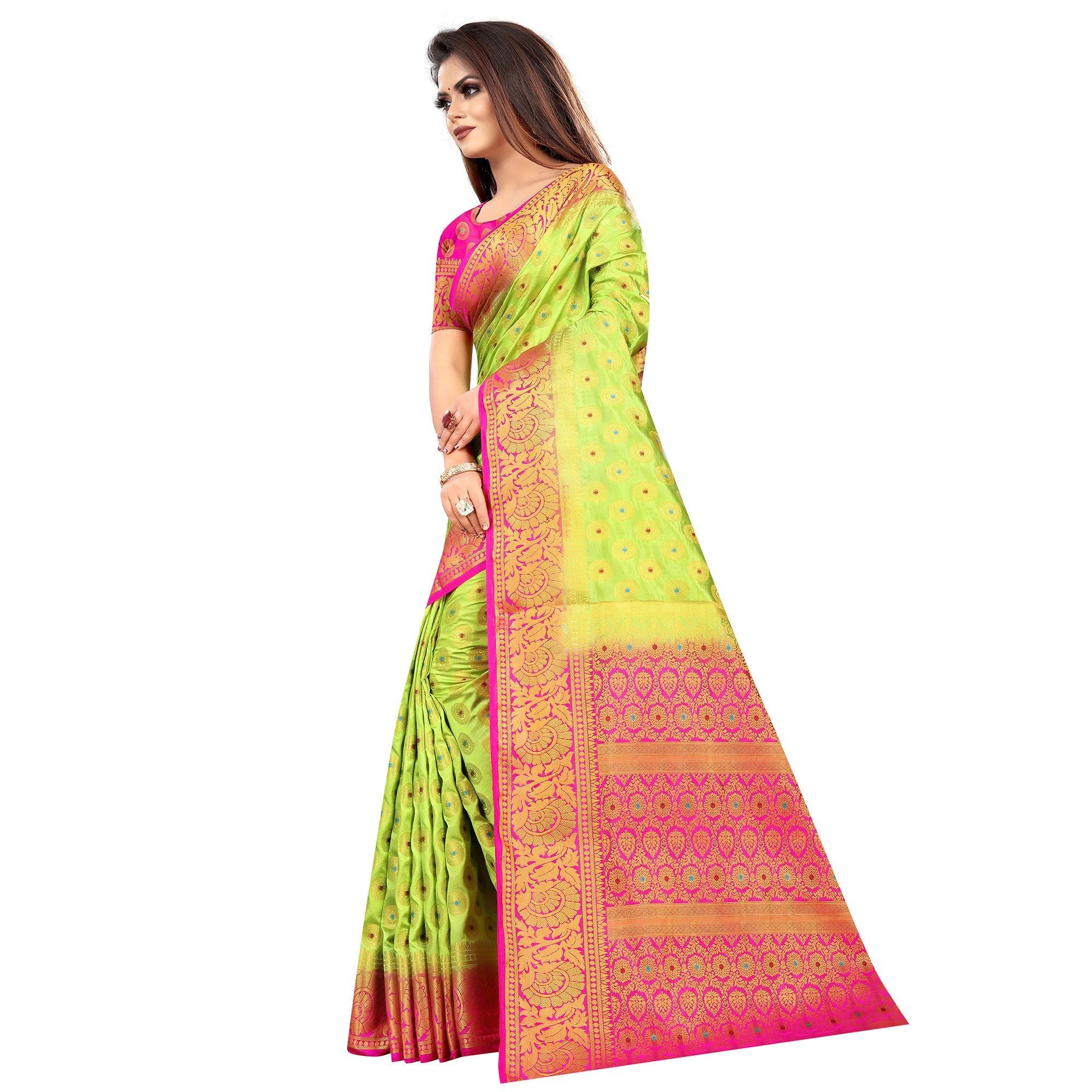 Impressive Green Colored Festive Wear Woven Art Silk Saree - Peachmode