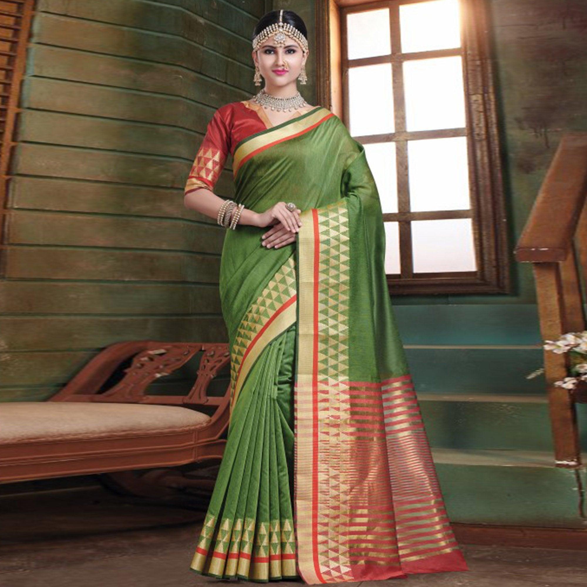 Impressive Green Colored Festive Wear Woven Cotton Handloom Saree - Peachmode
