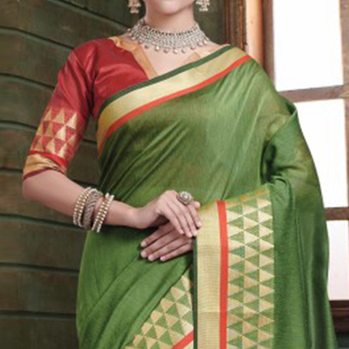 Impressive Green Colored Festive Wear Woven Cotton Handloom Saree - Peachmode