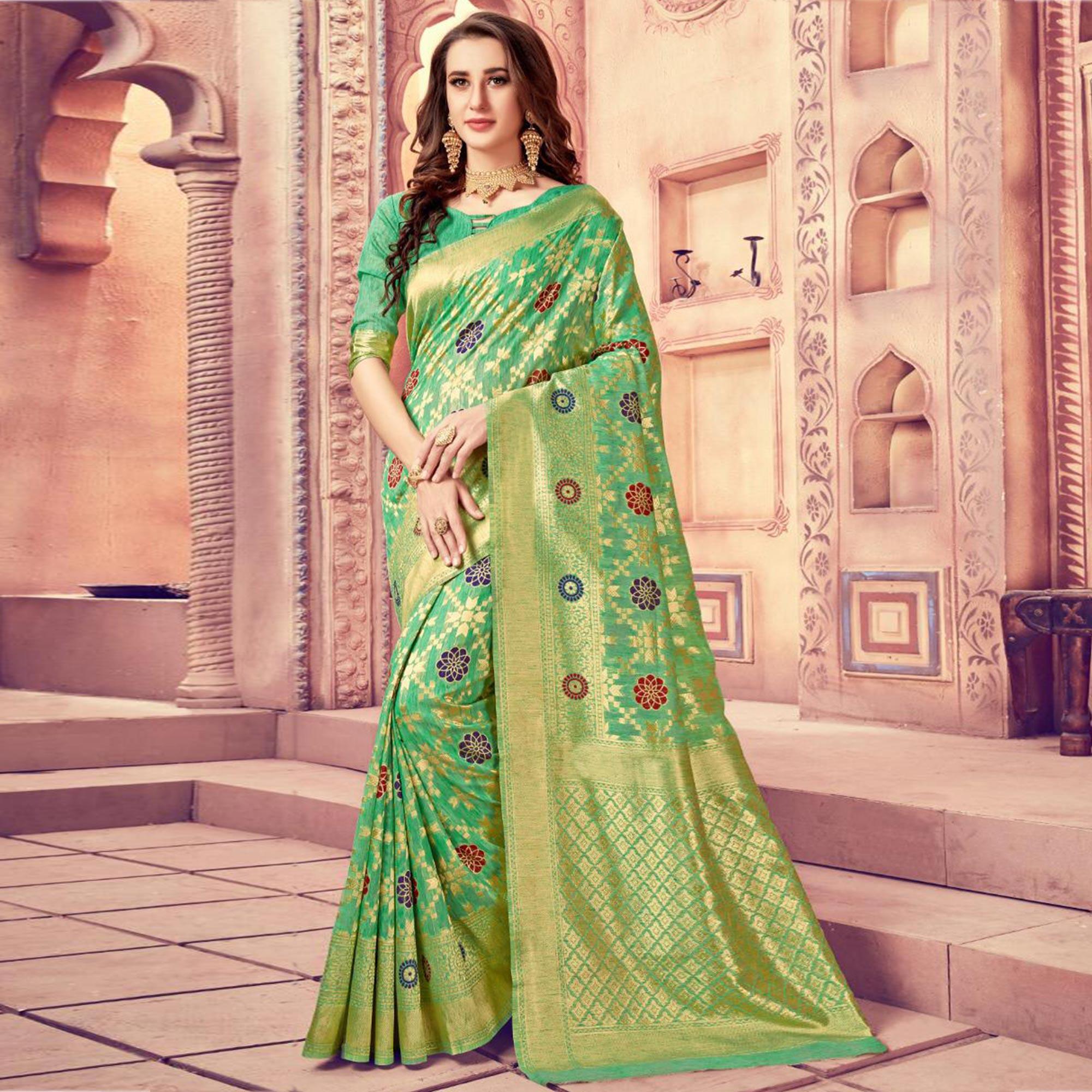 Impressive Green Colored Festive Wear Woven Cotton Silk Saree - Peachmode