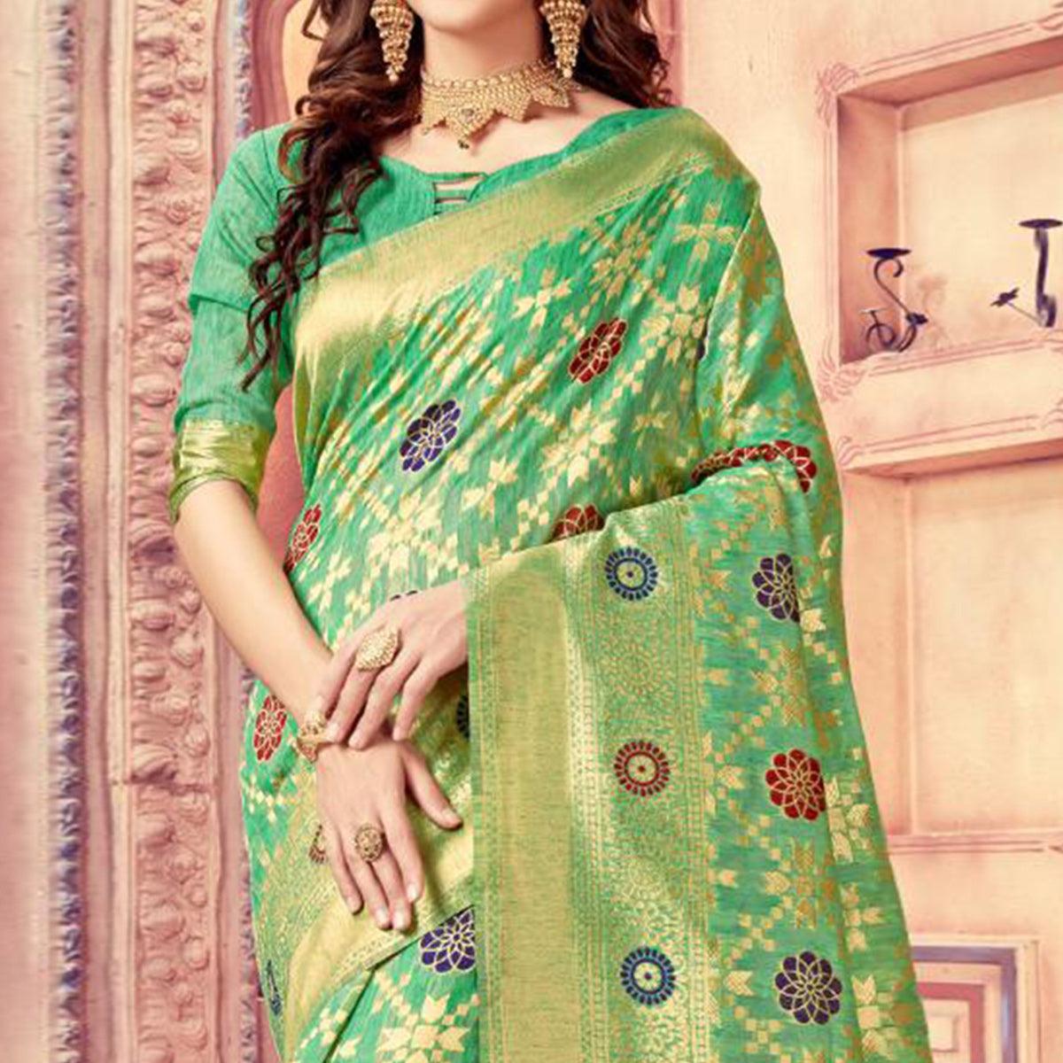 Impressive Green Colored Festive Wear Woven Cotton Silk Saree - Peachmode