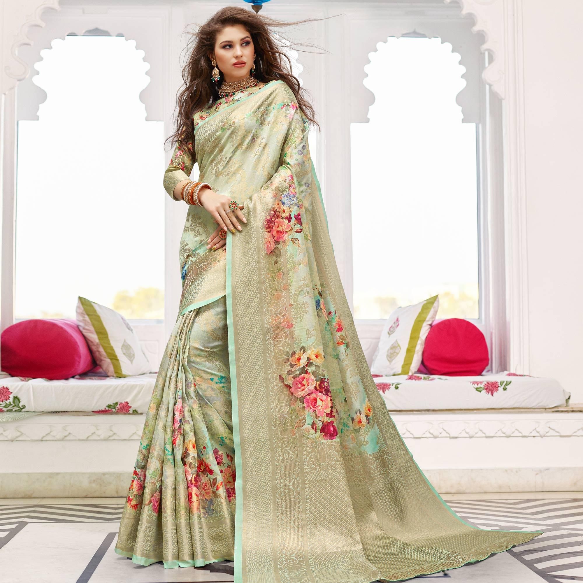 Impressive Green Colored Partywear Digital Floral Printed Silk Saree - Peachmode