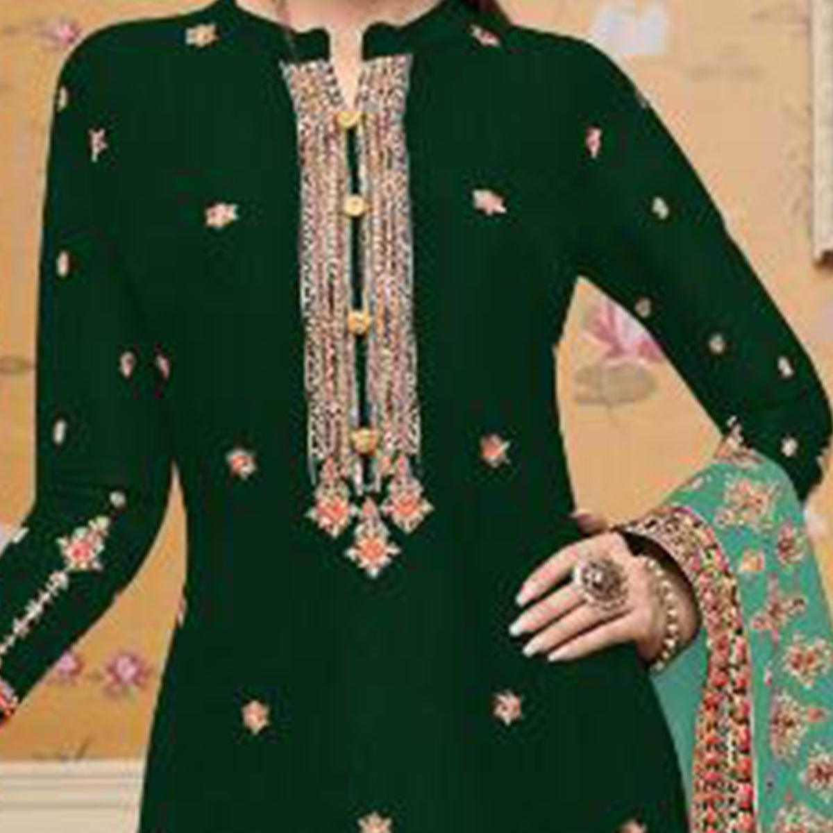 Impressive Green Colored Partywear Embroidered Crepe Palazzo Suit - Peachmode