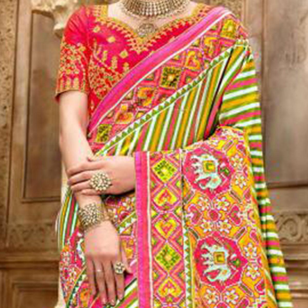 Impressive Green-Pink Colored Resham With Mirror Khatli Work Festive Wear Patan Patola Silk Saree - Peachmode
