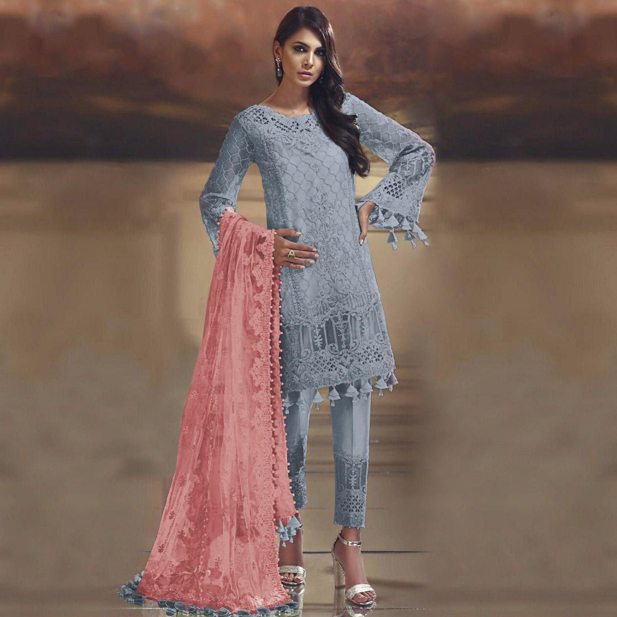 Impressive Grey Colored Partywear Embroidered Tissue Silk Straight Pakistani suit - Peachmode