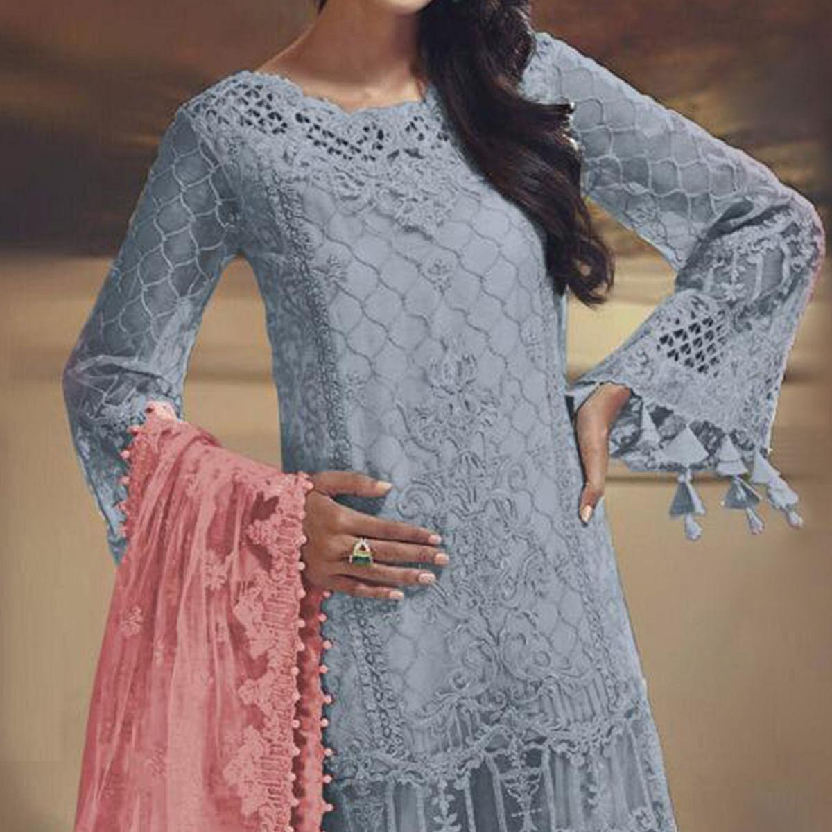 Impressive Grey Colored Partywear Embroidered Tissue Silk Straight Pakistani suit - Peachmode