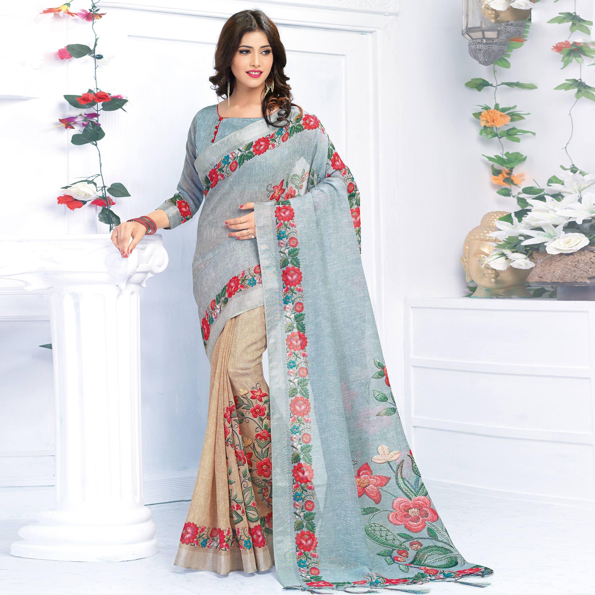 Impressive Grey - Light Brown Colored Casual Wear Printed Pure Linen Saree - Peachmode